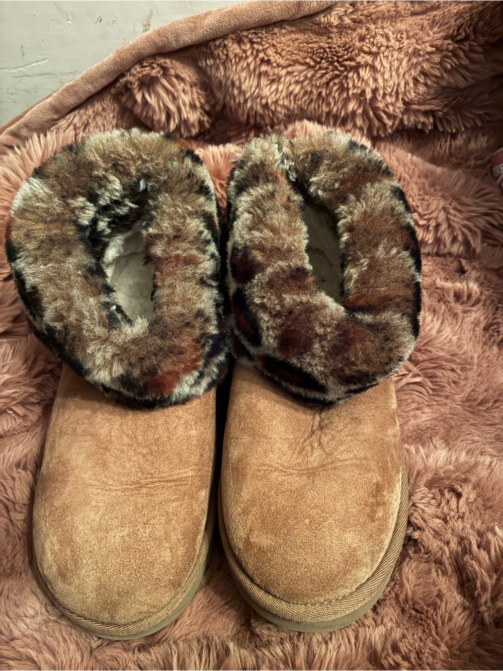 UGG Chestnut Suede Slip-On Slippers with Multi-Tone Faux-Fur Cuff